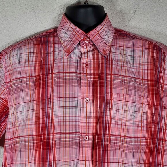 Tommy Hilfiger Mens Medium Red Plaid Button-Down Short Sleeve Shirt - Picture 3 of 12